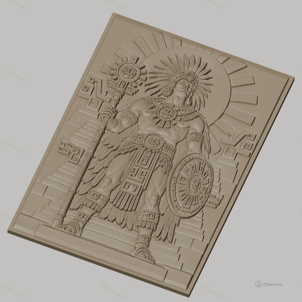 Fichier CNC & impression 3D guerrier aztèque, pyramides, bouclier et sceptre, haute qualité relief STL