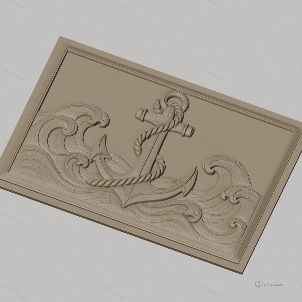Fichier CNC & impression 3D ancre navale, vagues océaniques, corde enroulée, haute qualité relief STL