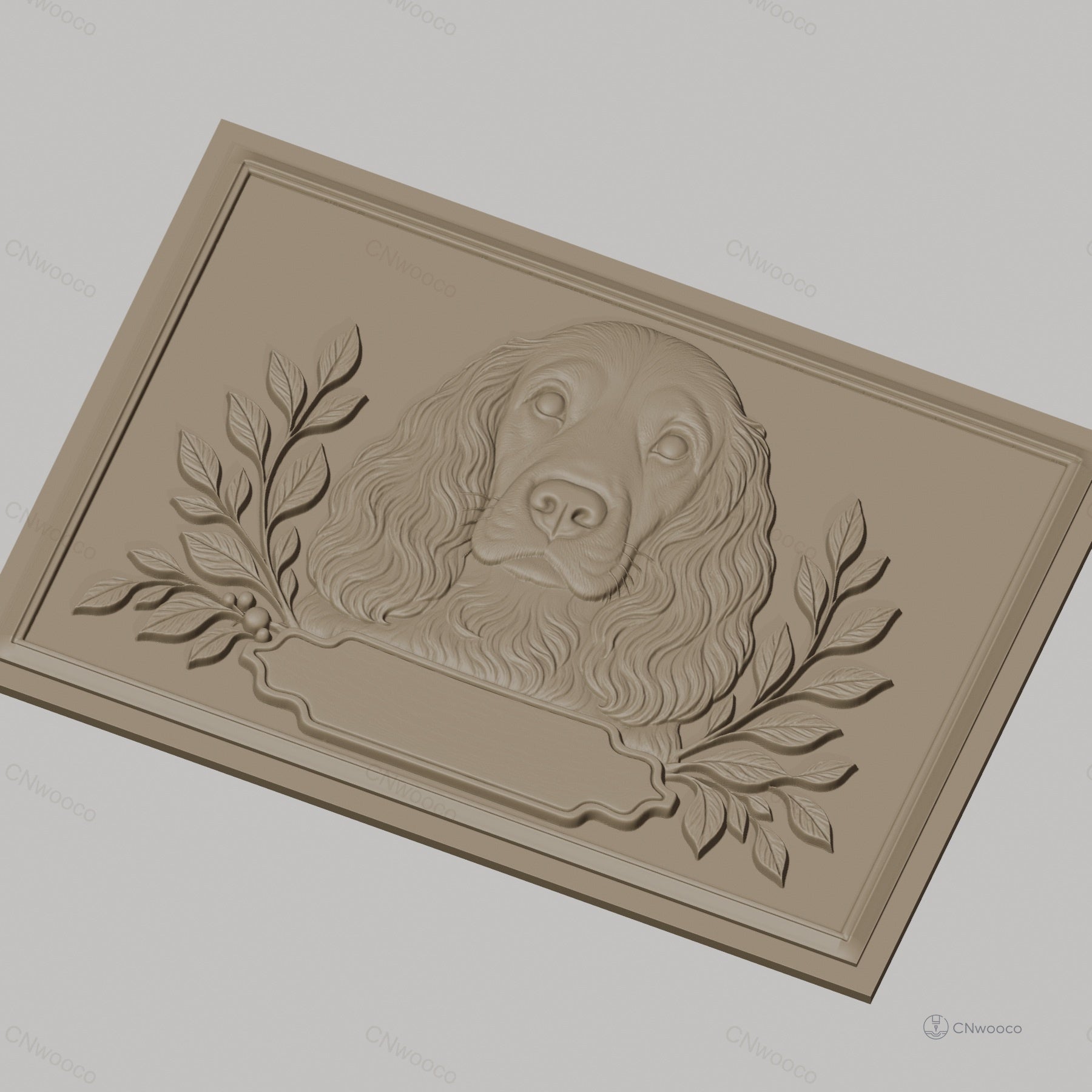 Fichier CNC & impression 3D chien cocker et feuilles décoratives, haute qualité relief STL