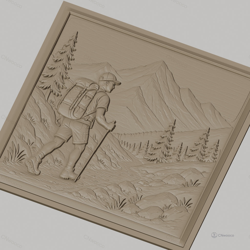 Fichier CNC & impression 3D randonnée montagne, marcheur avec sac à dos et paysage naturel, haute qualité relief STL