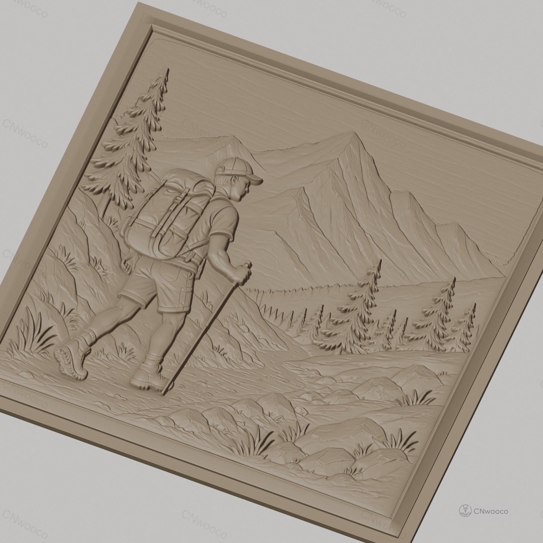 Fichier CNC & impression 3D randonnée montagne, marcheur avec sac à dos et paysage naturel, haute qualité relief STL