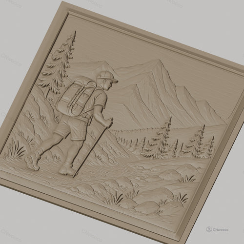 Fichier CNC & impression 3D randonnée montagne, marcheur avec sac à dos et paysage naturel, haute qualité relief STL