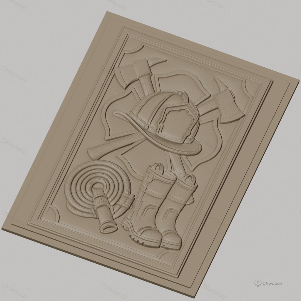 Fichier CNC & impression 3D thème pompier, casque, bottes, hache, tuyau d'incendie, haute qualité relief STL