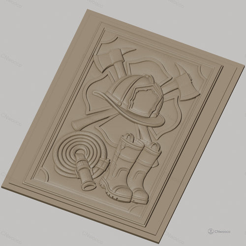 Fichier CNC & impression 3D thème pompier, casque, bottes, hache, tuyau d'incendie, haute qualité relief STL