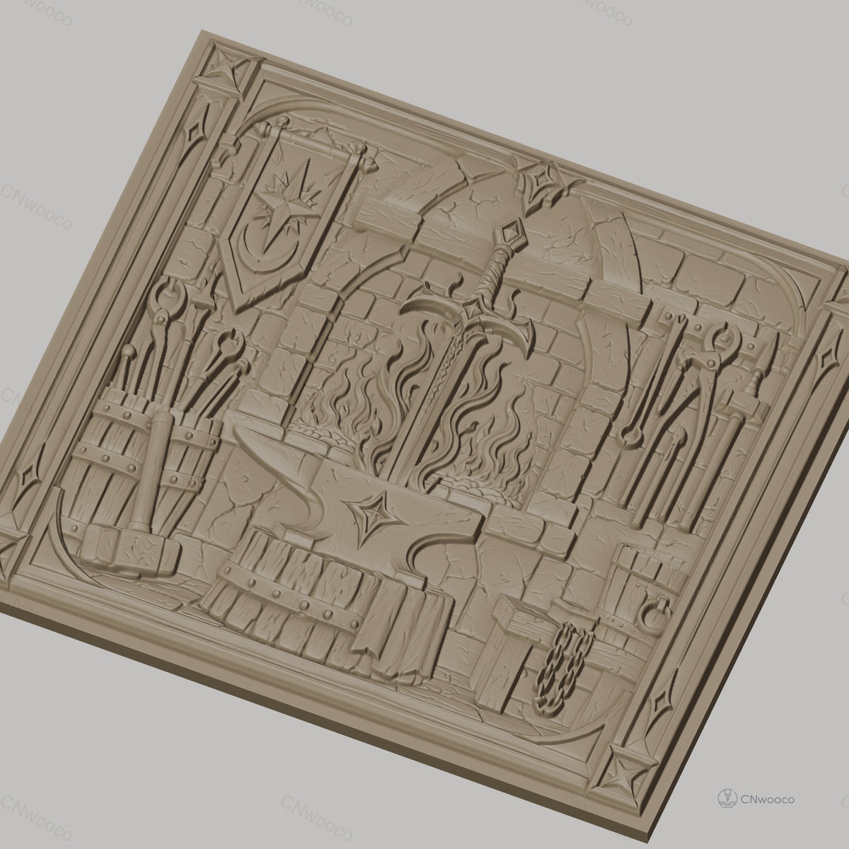 Fichier CNC & impression 3D atelier de forgeron, épée, enclume, feu et outils, haute qualité relief STL