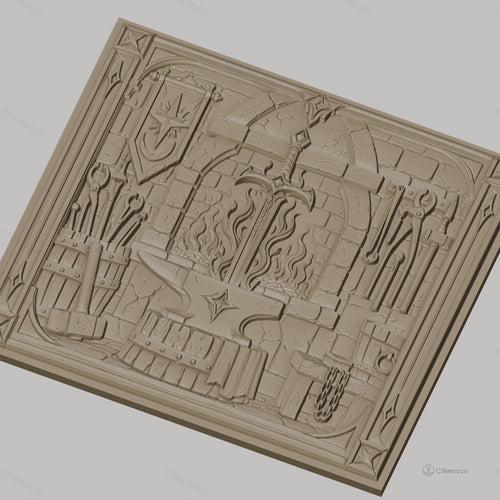 Fichier CNC & impression 3D atelier de forgeron, épée, enclume, feu et outils, haute qualité relief STL