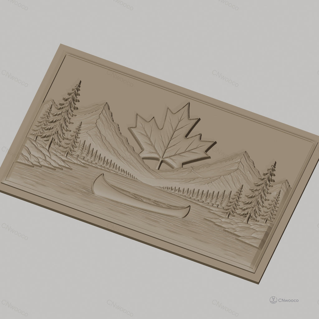 Fichier CNC & impression 3D paysage nature avec canoë et feuille d'érable, haute qualité relief STL