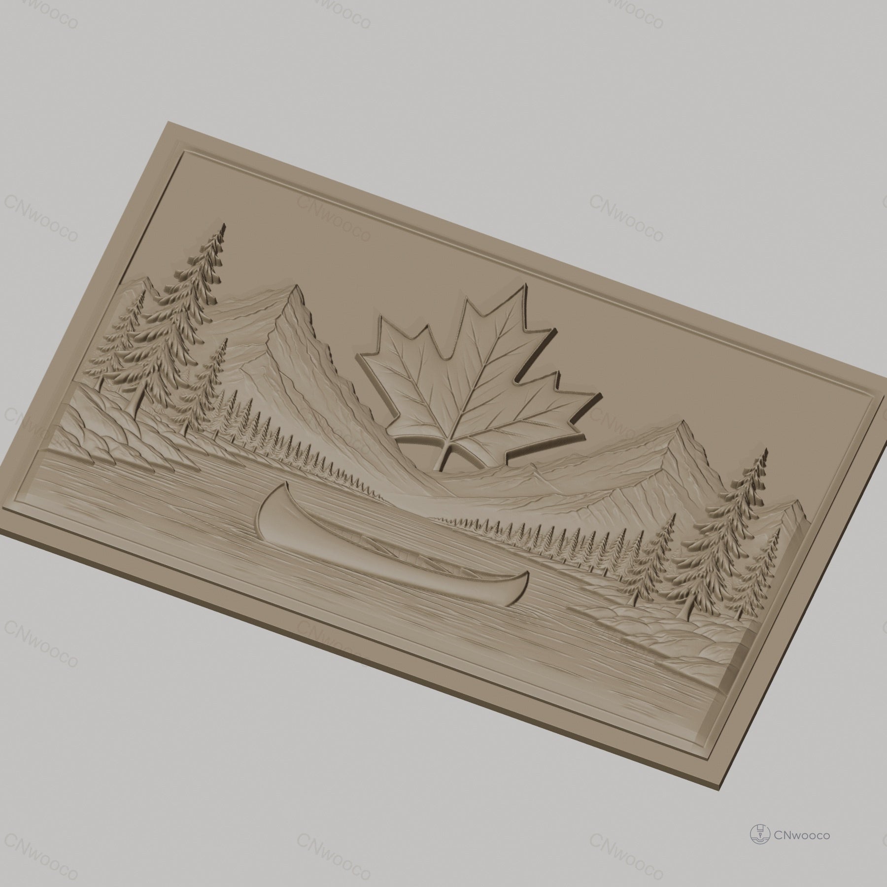 Fichier CNC & impression 3D paysage nature avec canoë et feuille d'érable, haute qualité relief STL
