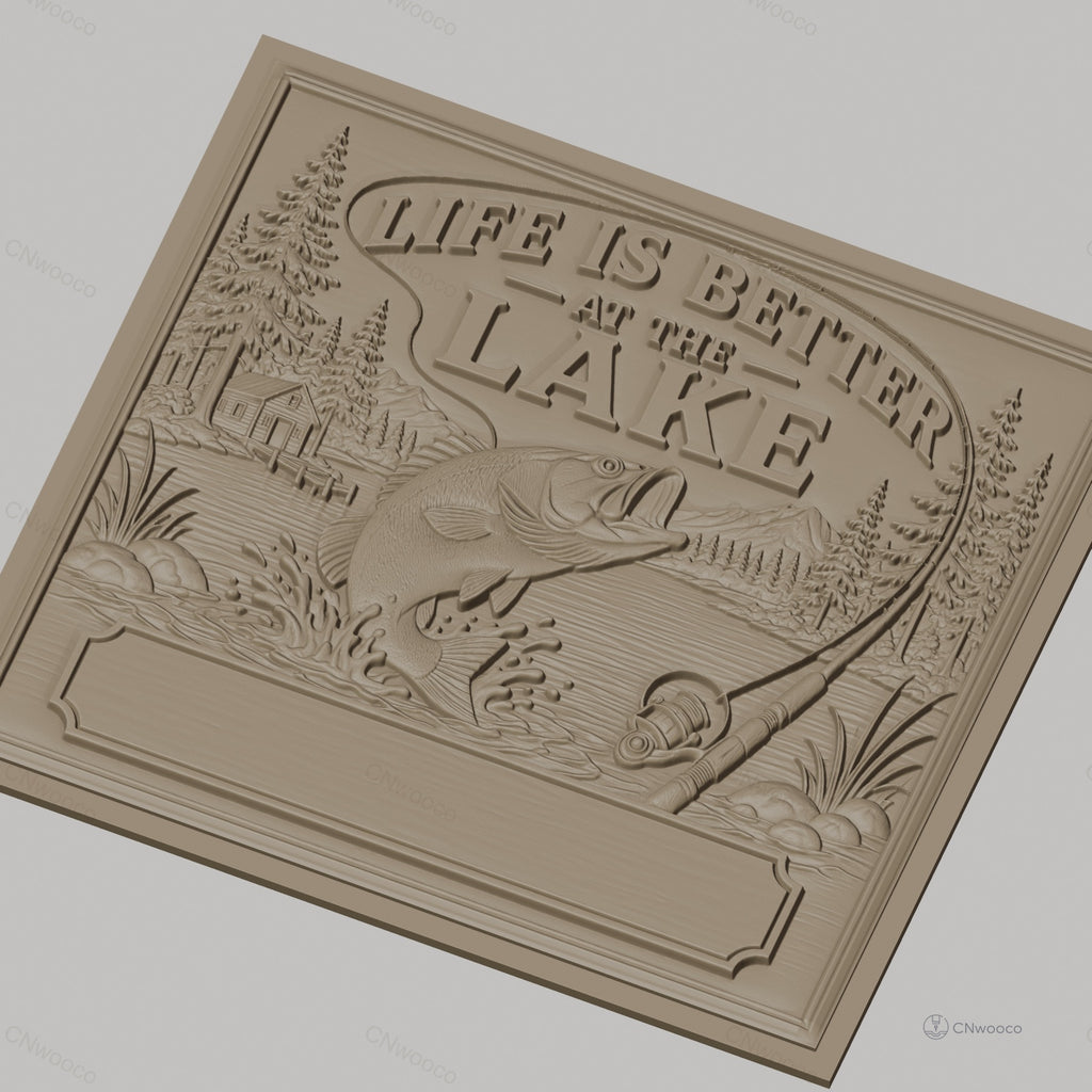 Fichier CNC & impression 3D thème lac pêche poisson canne à pêche, maison et nature, haute qualité relief STL