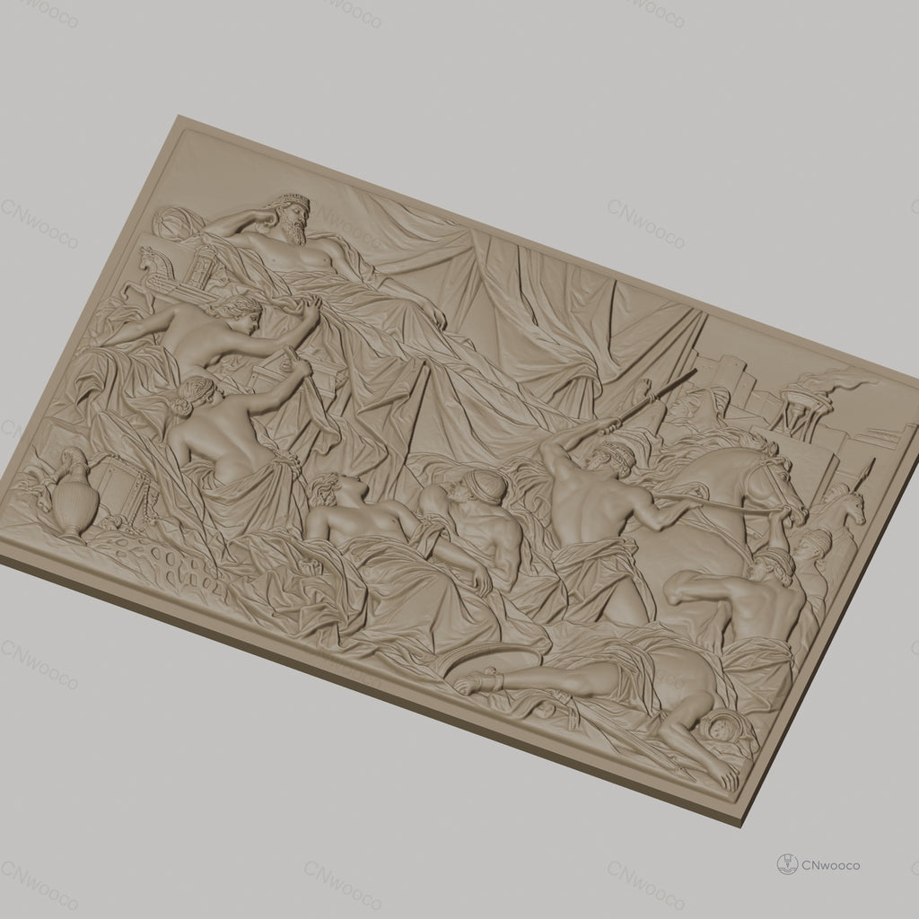 Fichier CNC & impression 3D scène antique avec guerriers, chevaux et roi drapé, haute qualité relief STL