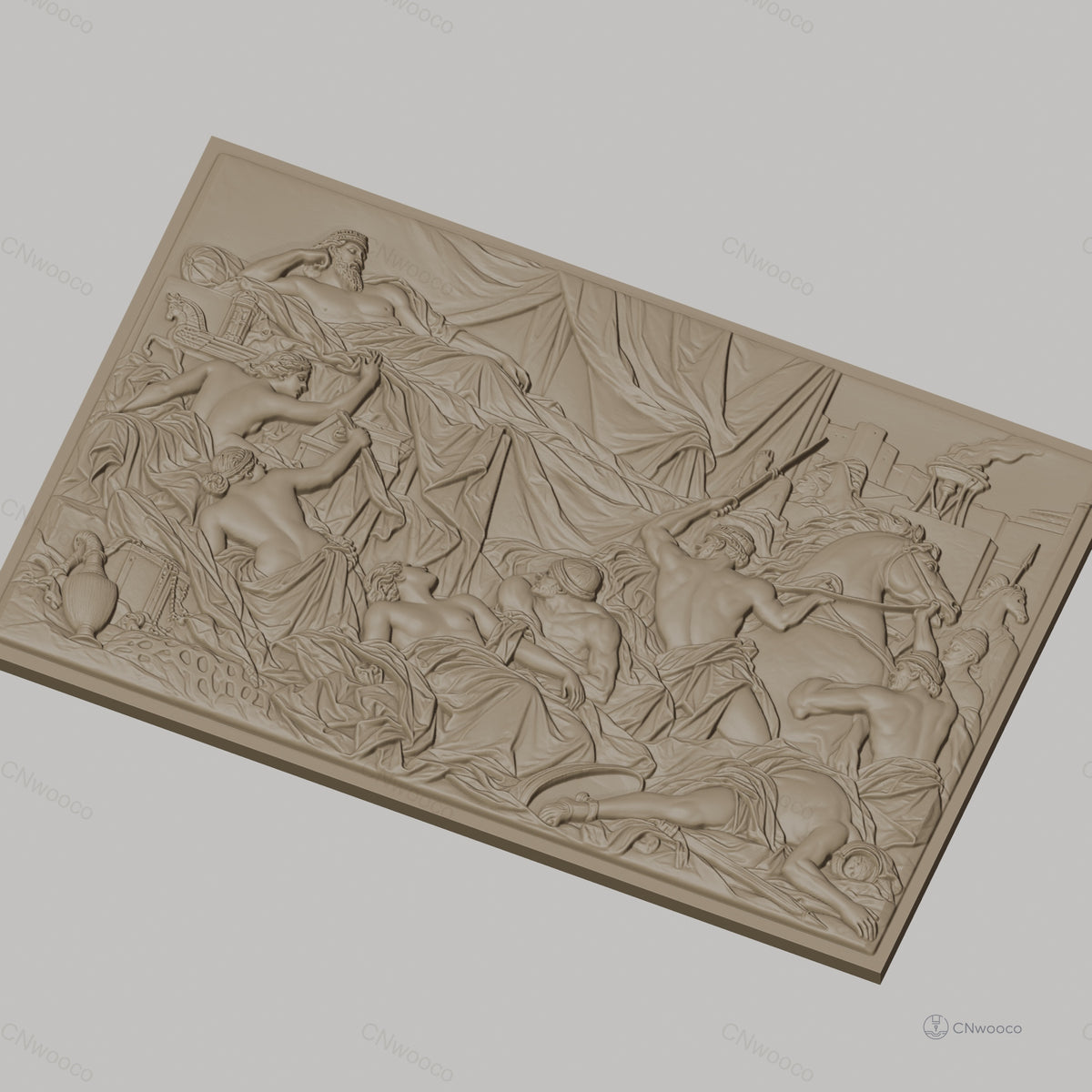 Fichier CNC & impression 3D scène antique avec guerriers, chevaux et roi drapé, haute qualité relief STL