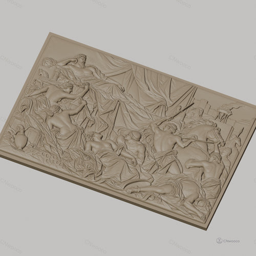 Fichier CNC & impression 3D scène antique avec guerriers, chevaux et roi drapé, haute qualité relief STL
