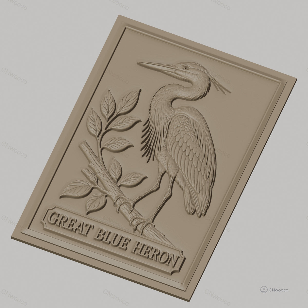 Fichier CNC & impression 3D héron bleu, oiseau sur branche avec feuilles, haute qualité relief STL