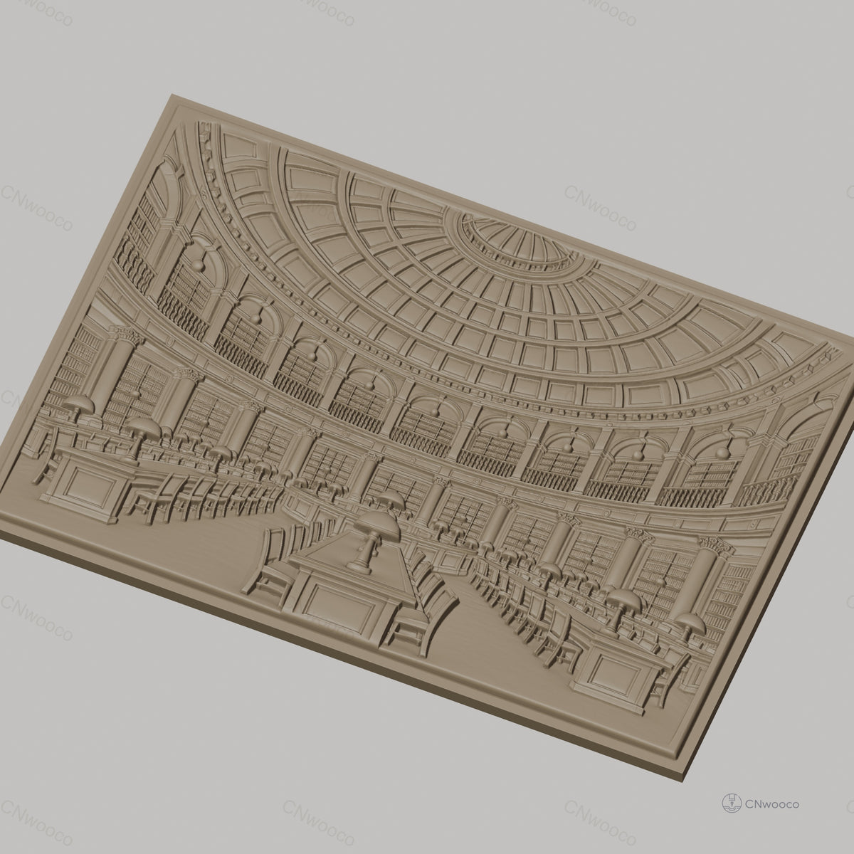 Fichier CNC & impression 3D bibliothèque classique, salle de lecture avec tables et lampes, haute qualité relief STL