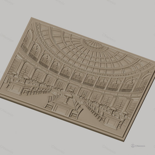 Fichier CNC & impression 3D bibliothèque classique, salle de lecture avec tables et lampes, haute qualité relief STL