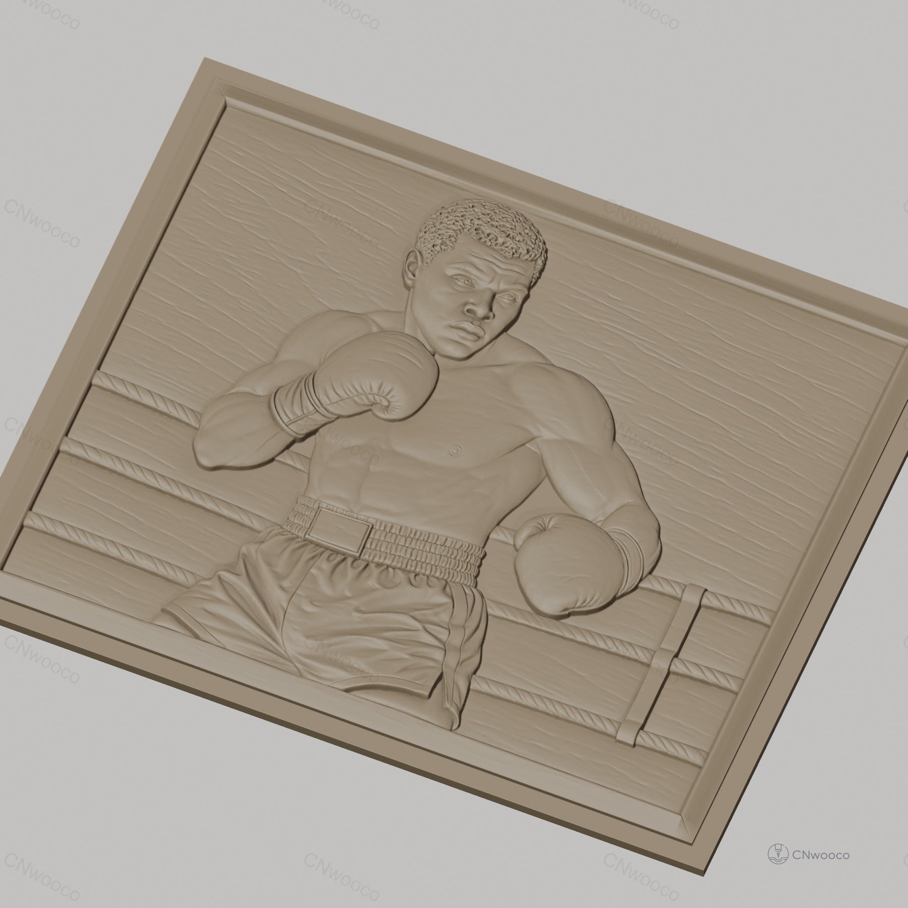 Fichier CNC & impression 3D boxeur en action, portrait et ring de boxe, haute qualité relief STL