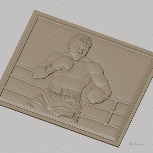 Fichier CNC & impression 3D boxeur en action, portrait et ring de boxe, haute qualité relief STL