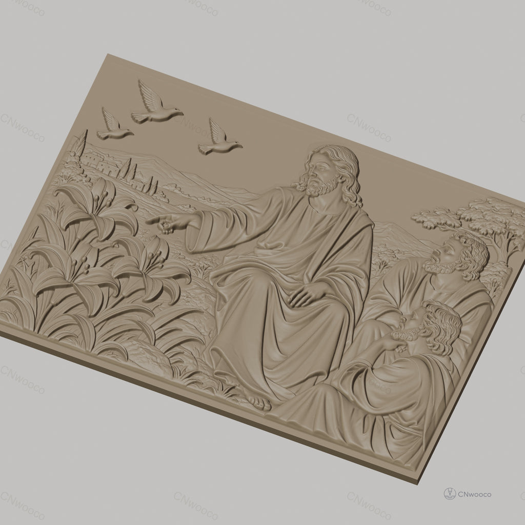 Fichier CNC & impression 3D Jésus enseignant avec disciples, fleurs et colombes, haute qualité relief STL