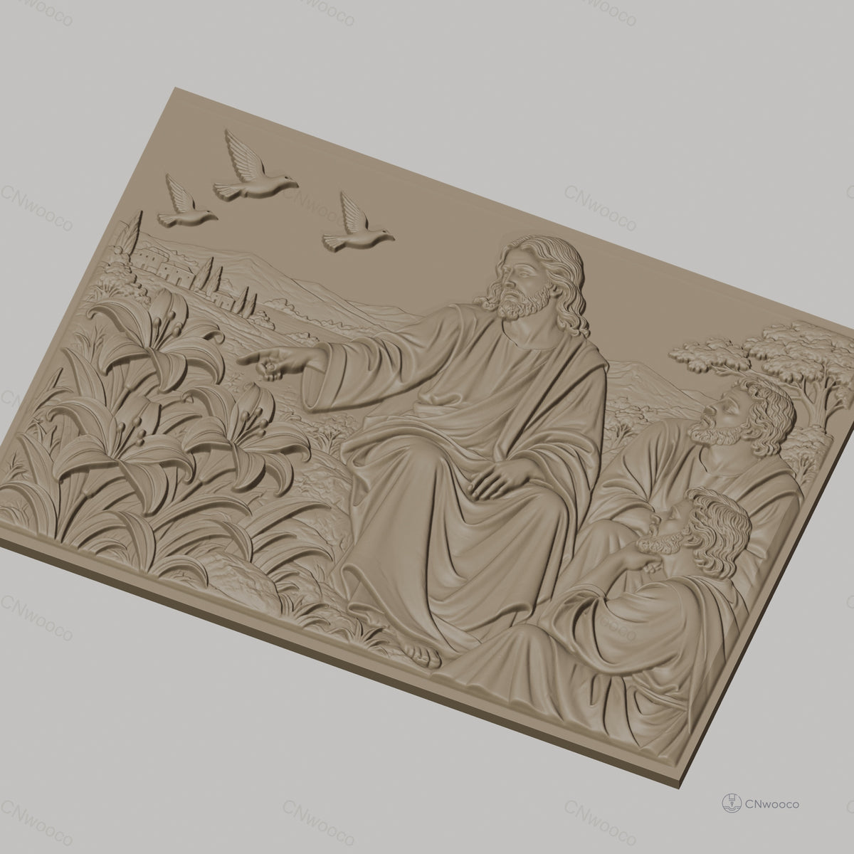 Fichier CNC & impression 3D Jésus enseignant avec disciples, fleurs et colombes, haute qualité relief STL
