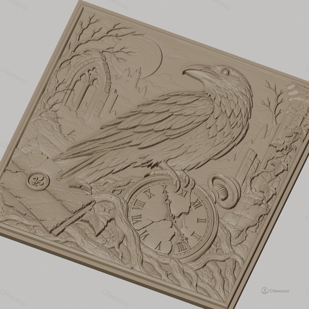 Fichier CNC & impression 3D corbeau, montre cassée, ruines gothiques, haute qualité relief STL