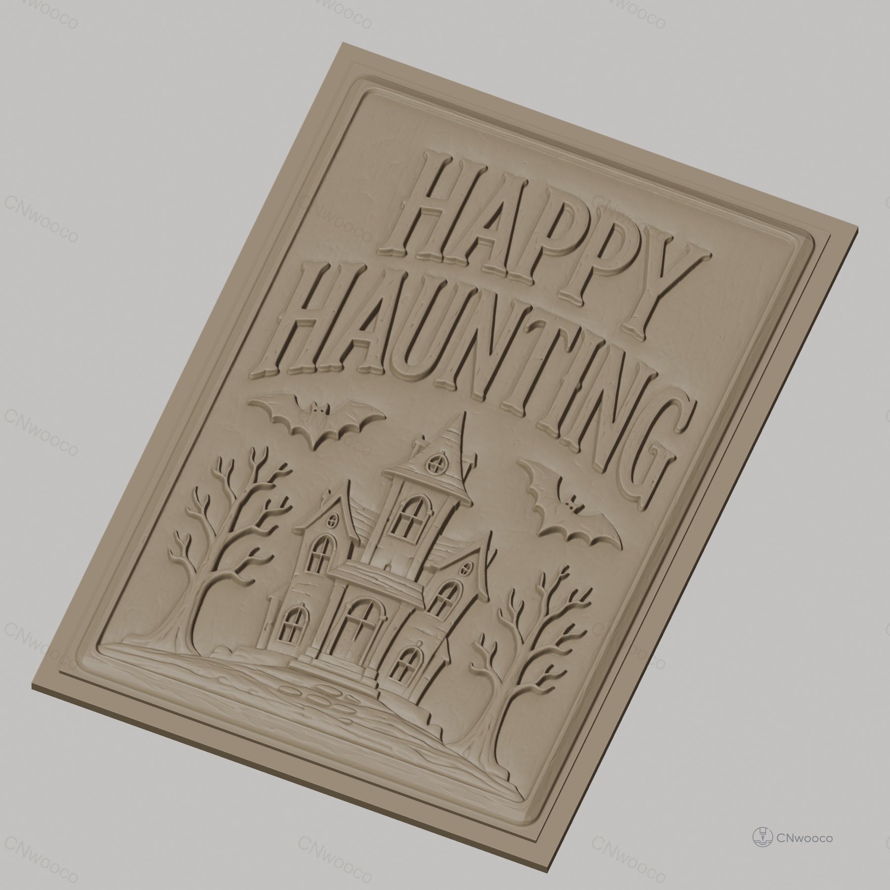Fichier CNC & impression 3D Halloween maison hantée, chauves-souris, arbres, texte Happy Haunting, haute qualité relief STL