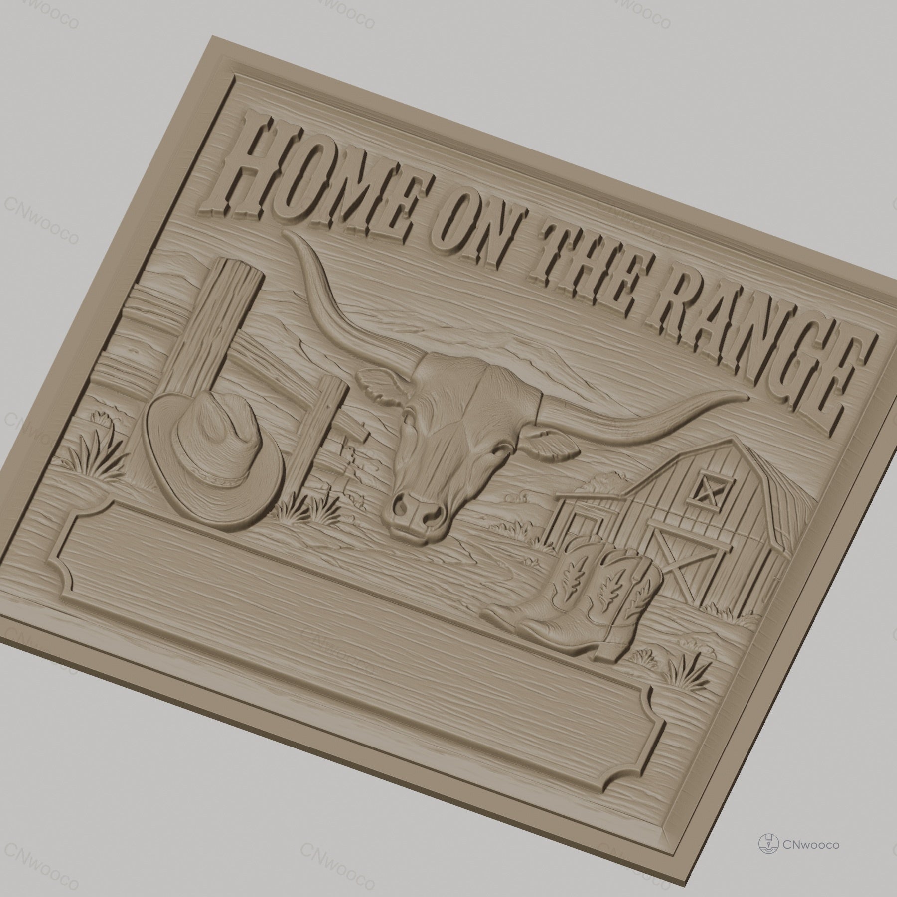 Fichier CNC & impression 3D thème western, tête de taureau, chapeau cowboy, bottes, grange, haute qualité relief STL