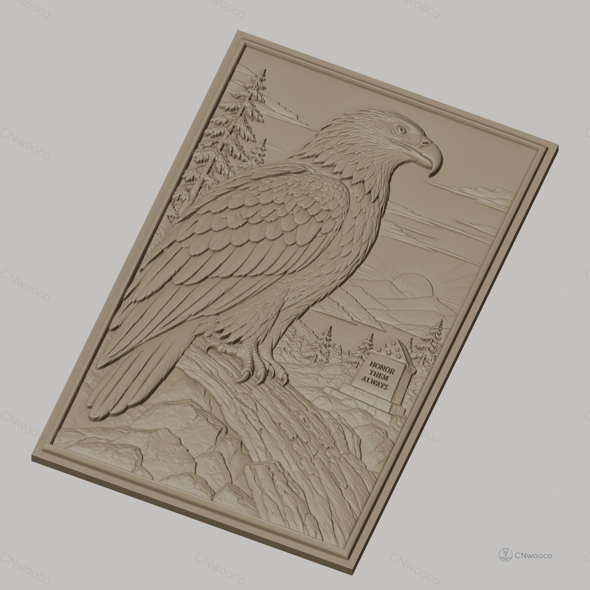 Fichier CNC & impression 3D aigle américain, paysage naturel, mémorial et soleil levant, haute qualité relief STL