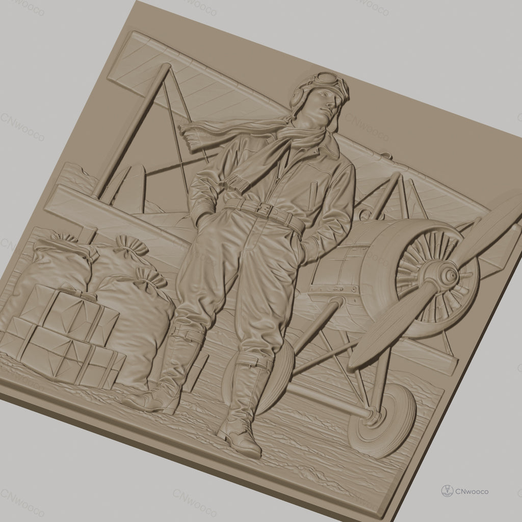 Fichier CNC & impression 3D pilote d'avion ancien, avion biplan, sacs et caisses, haute qualité relief STL