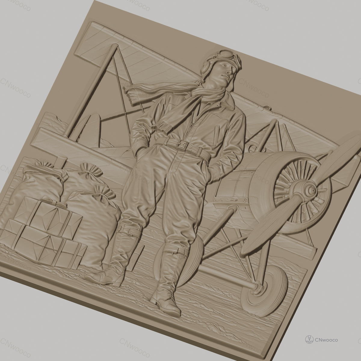 Fichier CNC & impression 3D pilote d'avion ancien, avion biplan, sacs et caisses, haute qualité relief STL