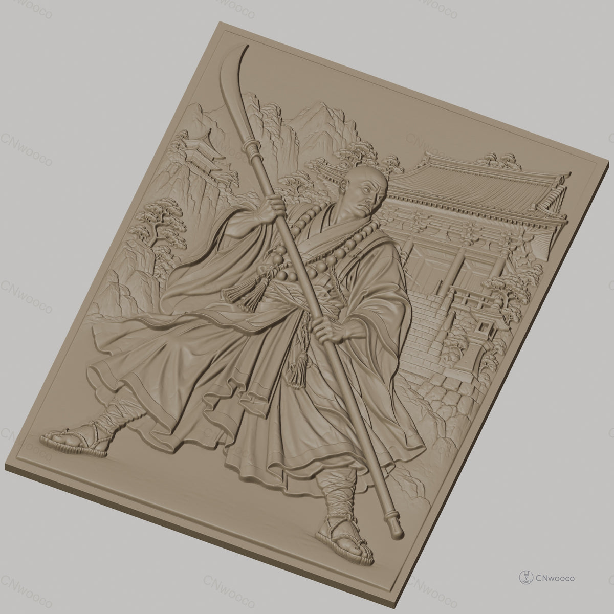 Fichier CNC & impression 3D moine guerrier chinois, bâton, temple, montagne, haute qualité relief STL
