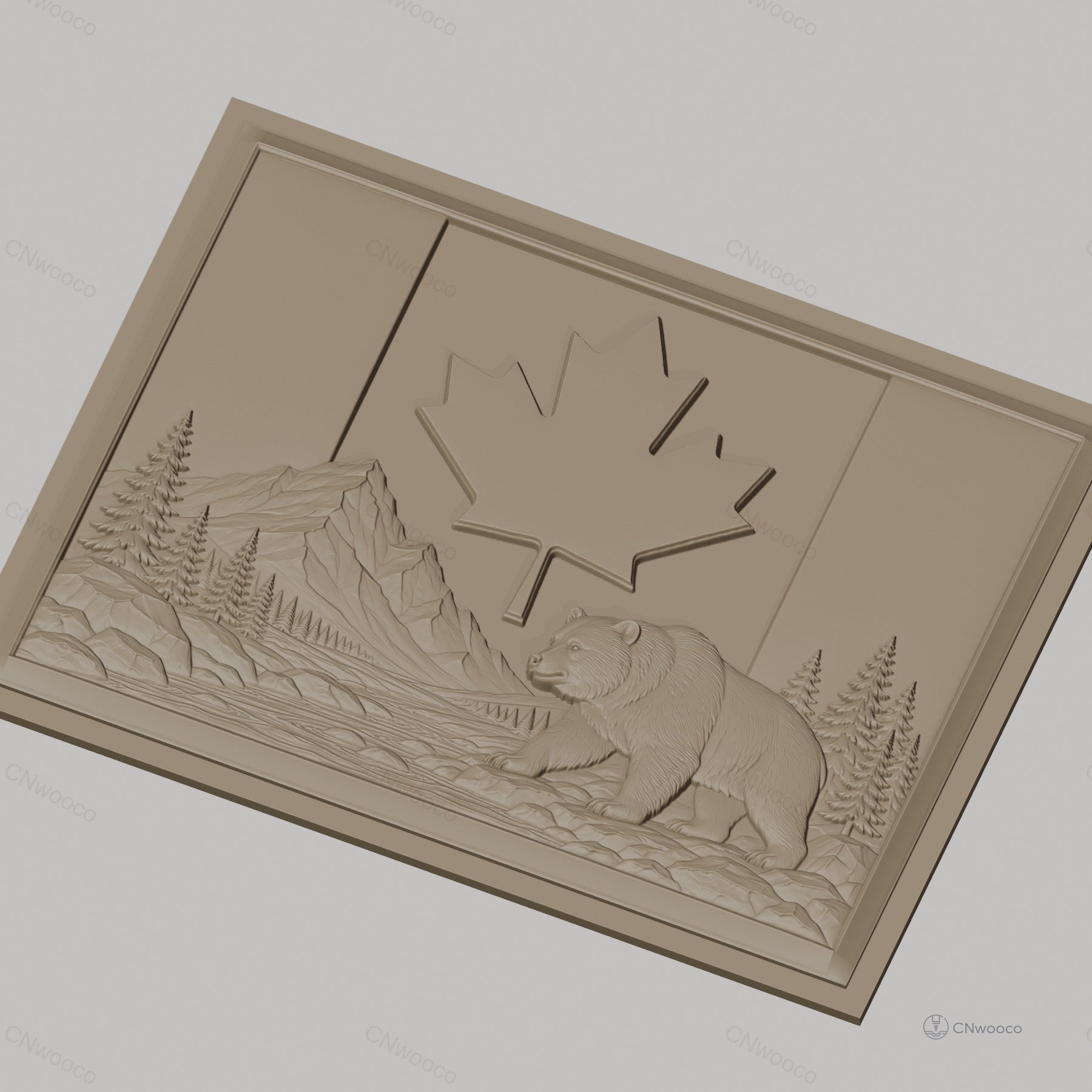 Fichier CNC & impression 3D drapeau Canada, ours, montagne, rivière, sapins, haute qualité relief STL