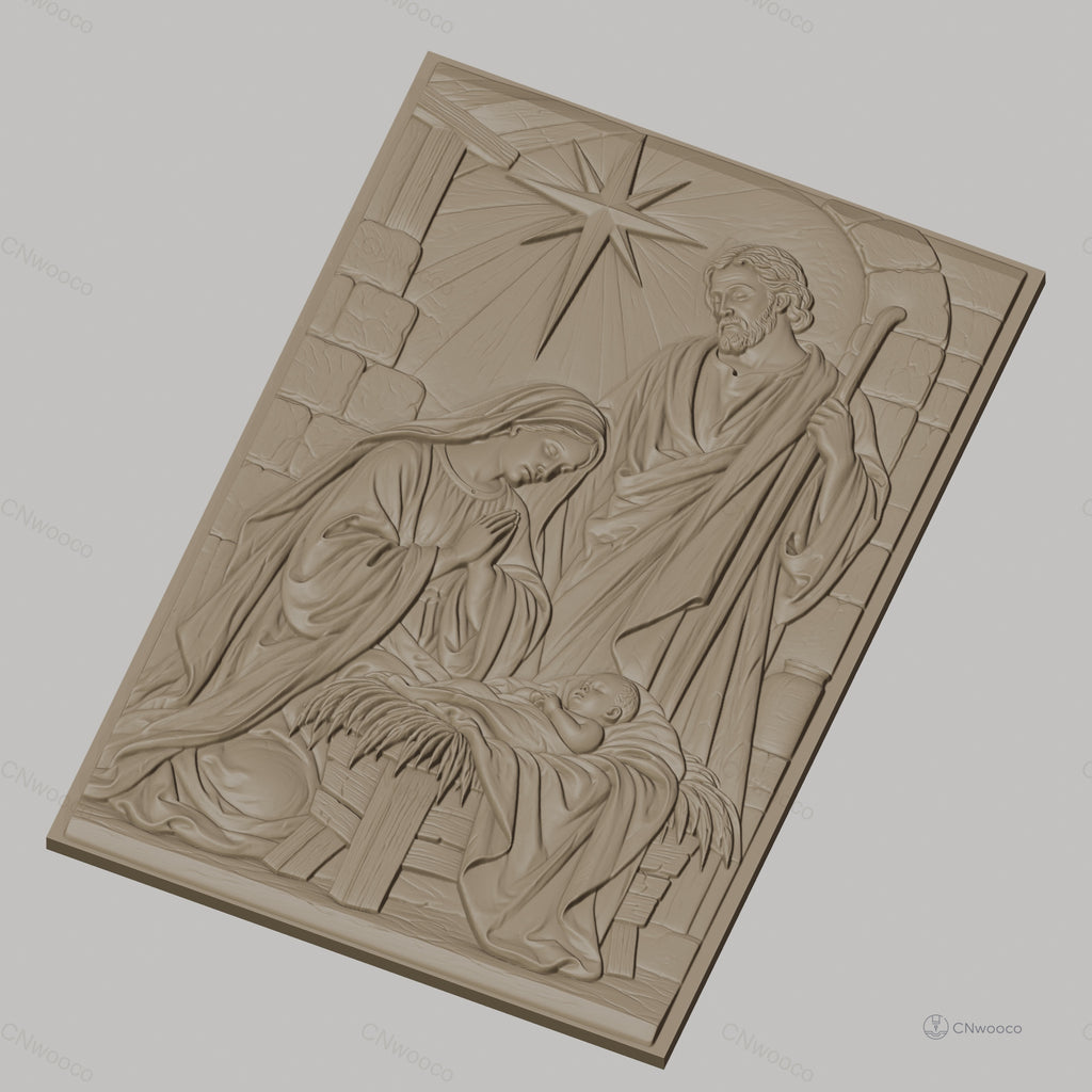 Fichier CNC & impression 3D scène de la nativité, Marie Joseph et bébé Jésus avec étoile, haute qualité relief STL