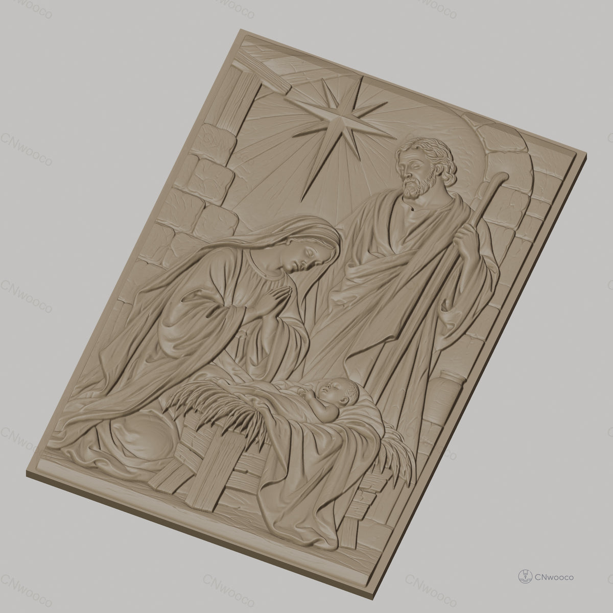 Fichier CNC & impression 3D scène de la nativité, Marie Joseph et bébé Jésus avec étoile, haute qualité relief STL