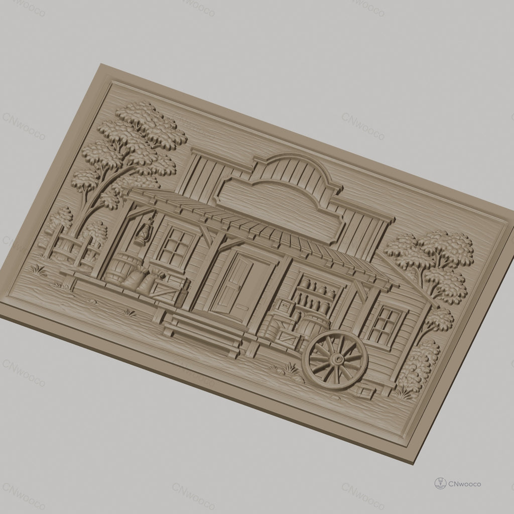 Fichier CNC & impression 3D magasin western, cabine en bois avec baril, caisse, roue et arbres, haute qualité relief STL
