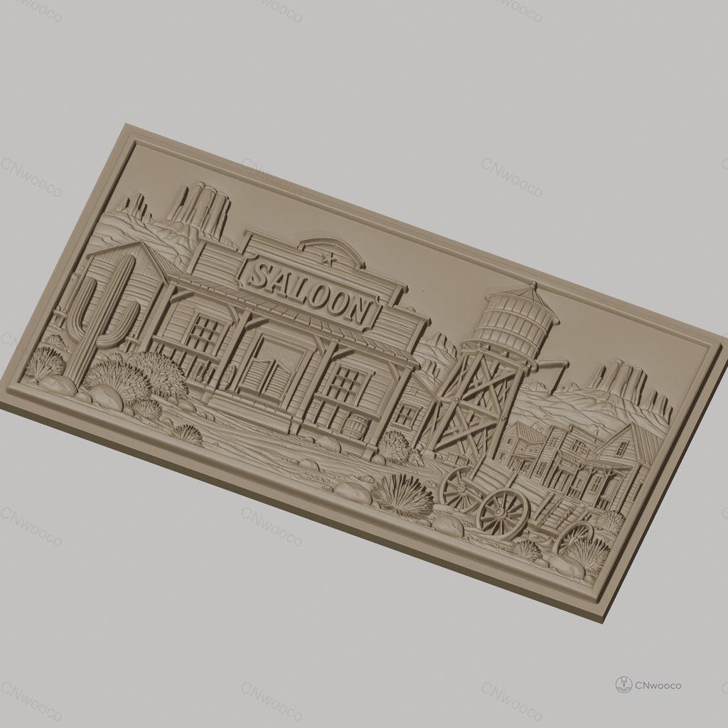 Fichier CNC & impression 3D western village saloon chariot cactus haute qualité relief STL