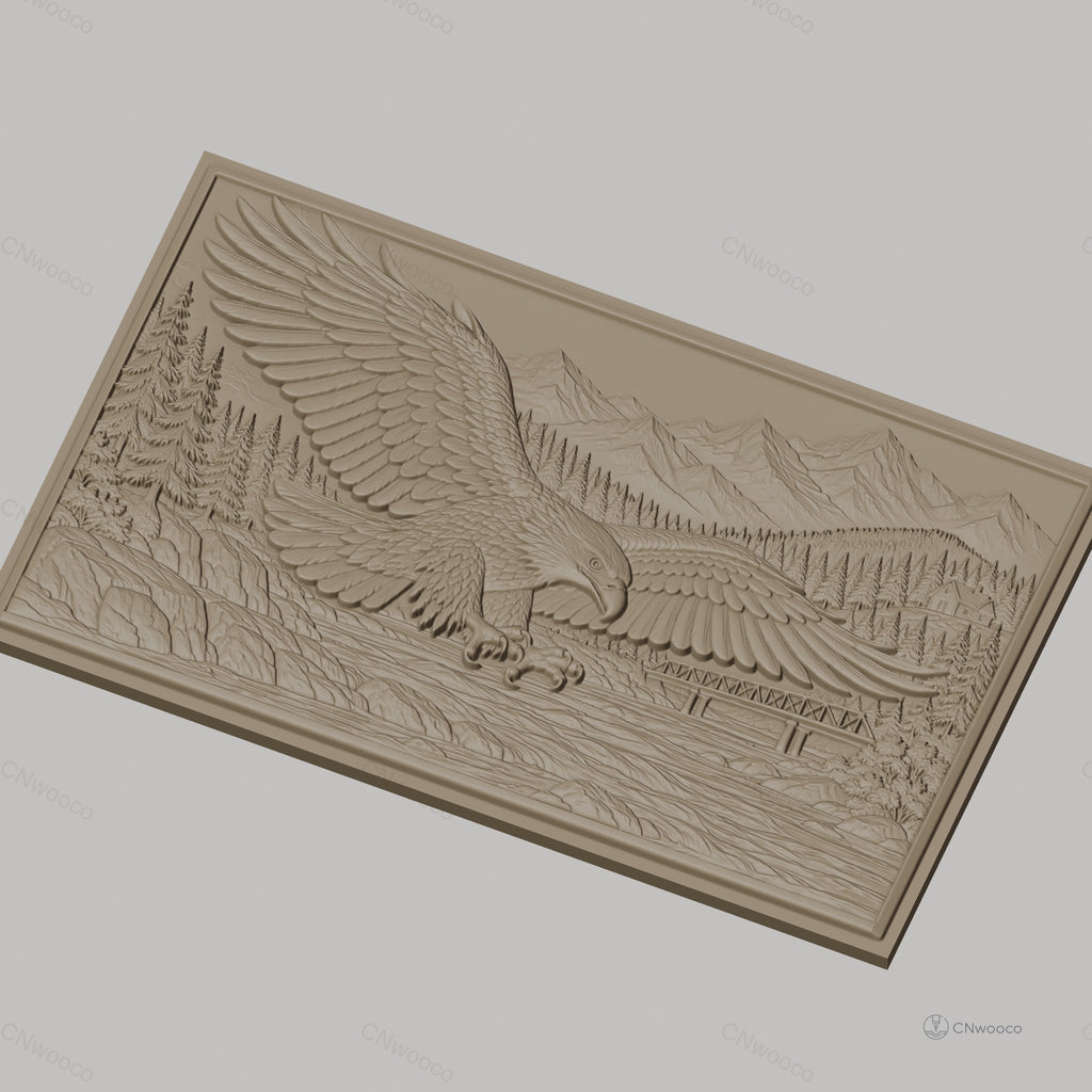 Fichier CNC & impression 3D aigle en vol, rivière, pont, montagne et forêt, haute qualité relief STL