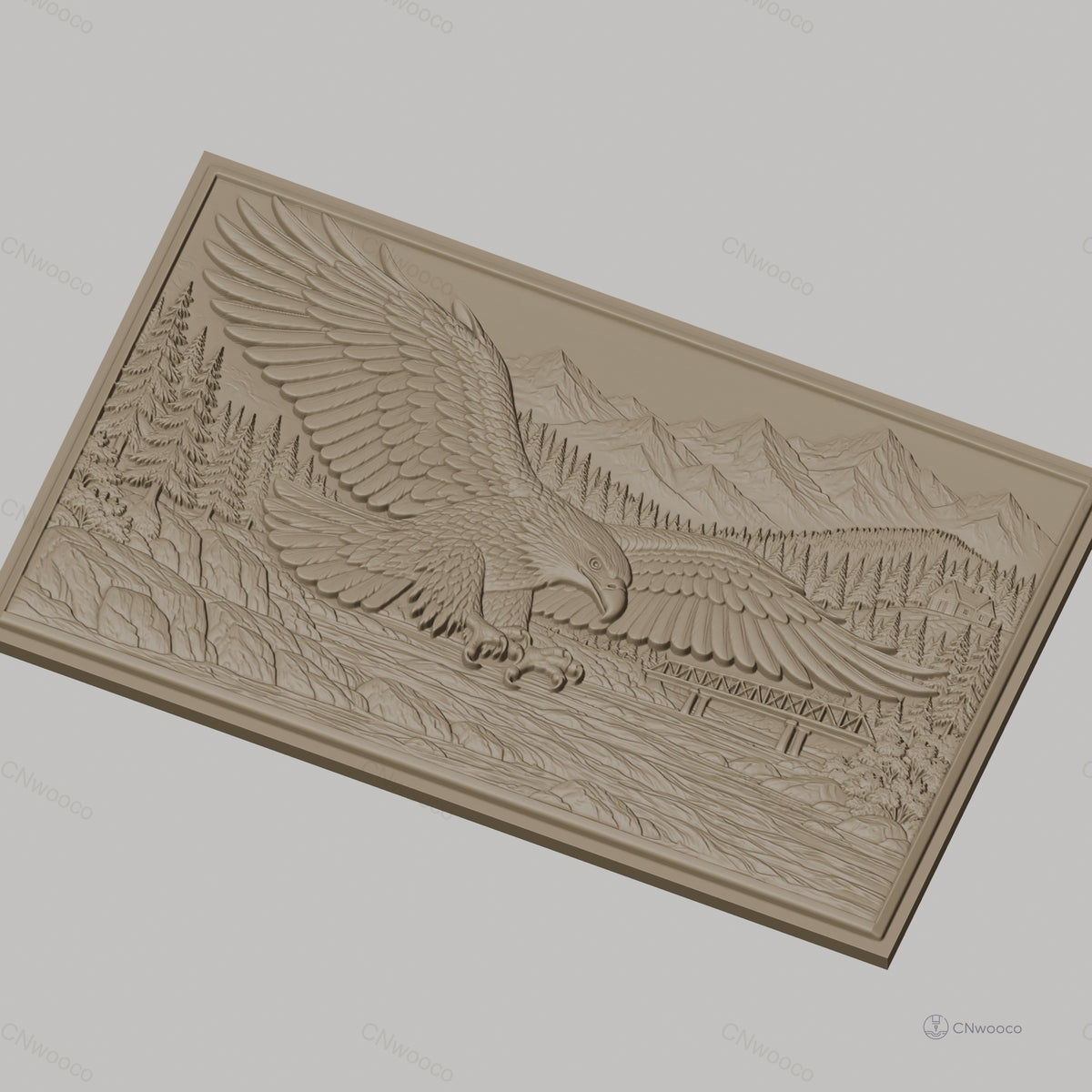 Fichier CNC & impression 3D aigle en vol, rivière, pont, montagne et forêt, haute qualité relief STL