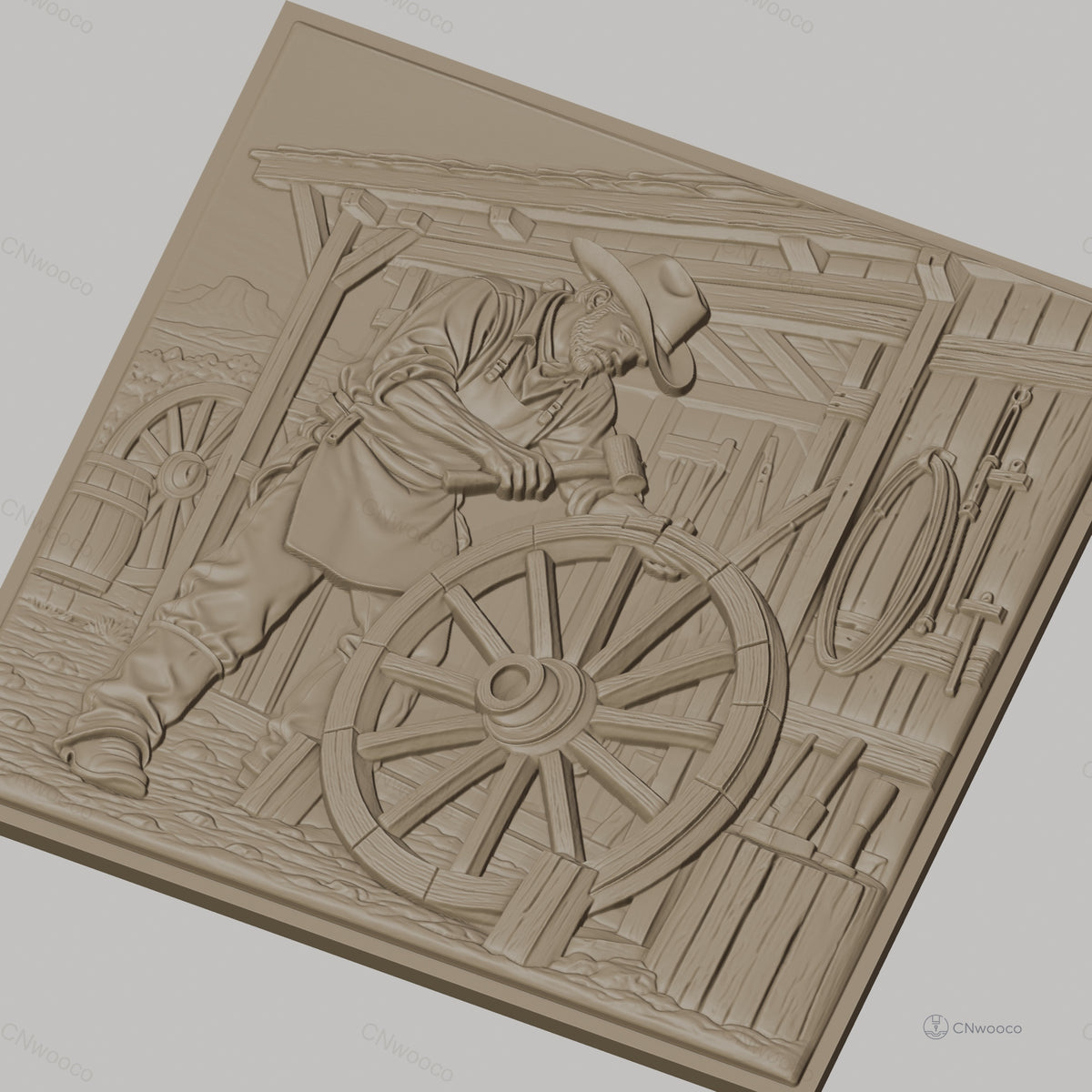 Fichier CNC & impression 3D artisan charpentier, roue de chariot et outils bois, haute qualité relief STL