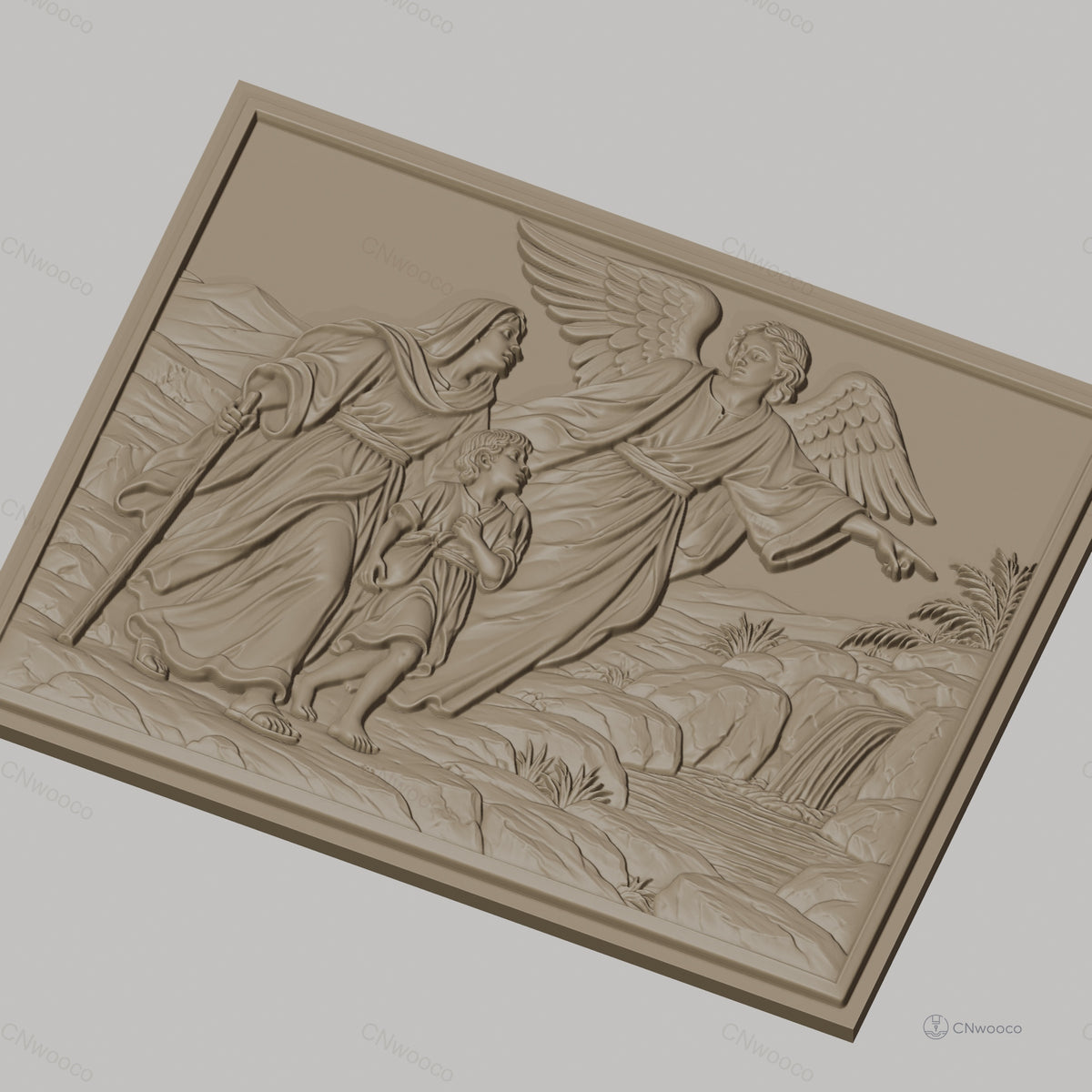 Fichier CNC & impression 3D ange gardien avec femme et enfant, paysage rocheux et cascade, haute qualité relief STL