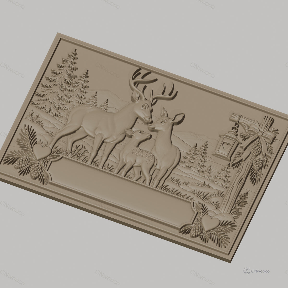 Fichier CNC & impression 3D famille de cerfs, forêt, coeur et lanterne, haute qualité relief STL