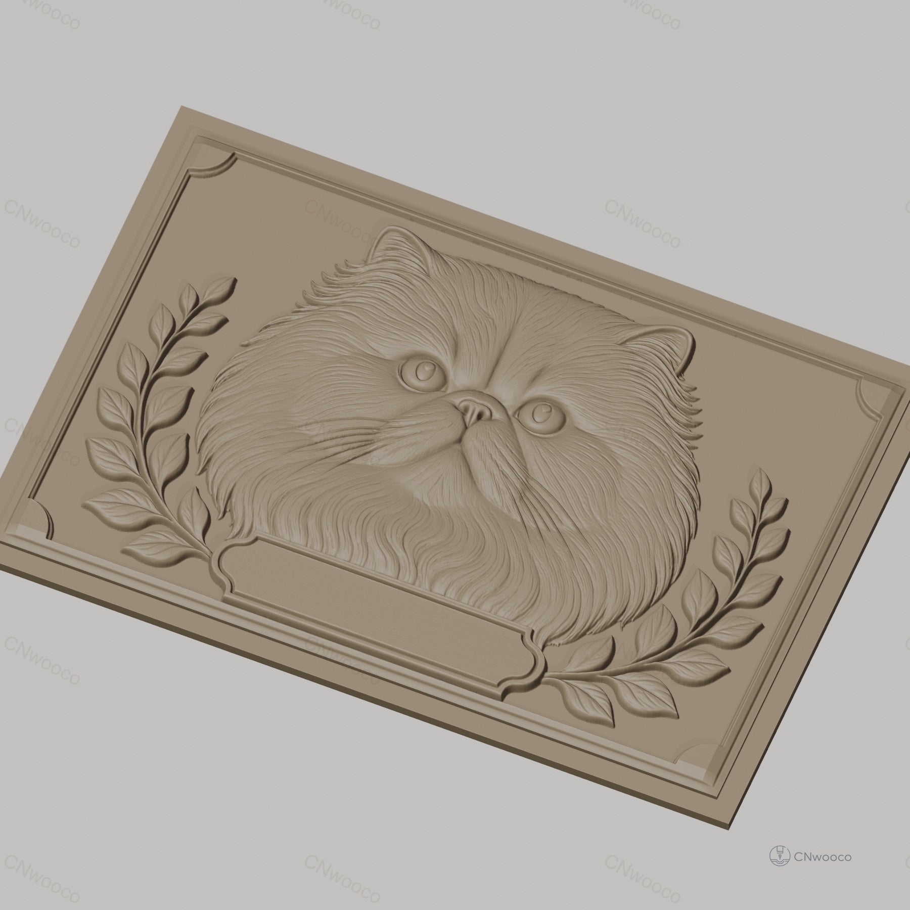 Fichier CNC & impression 3D chat persan, tête de chat avec feuillage, haute qualité relief STL