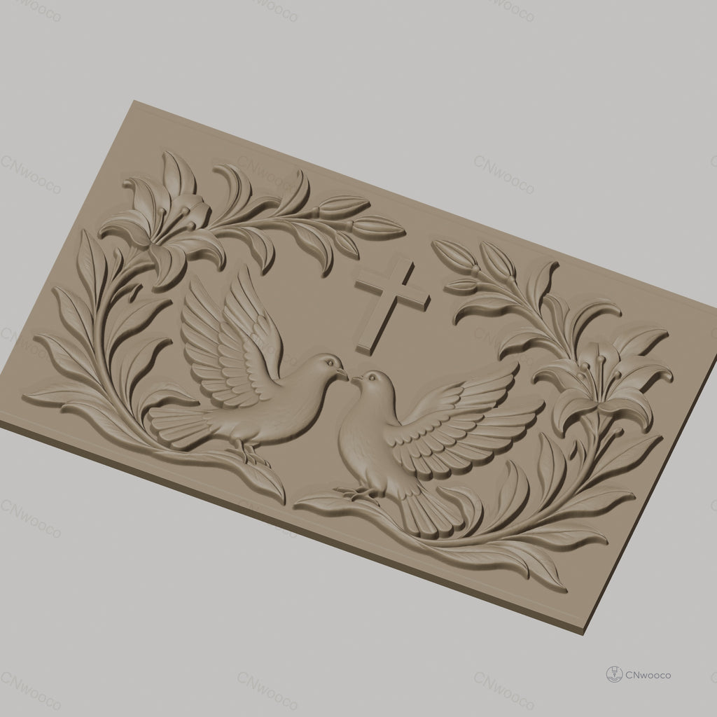 Fichier CNC & impression 3D motif religieux, colombes, croix et fleurs, haute qualité relief STL