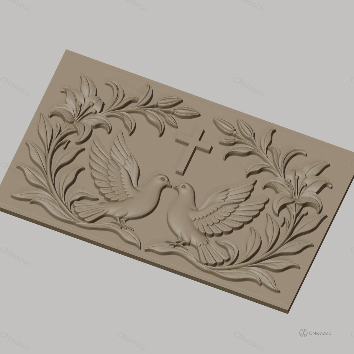 Fichier CNC & impression 3D motif religieux, colombes, croix et fleurs, haute qualité relief STL