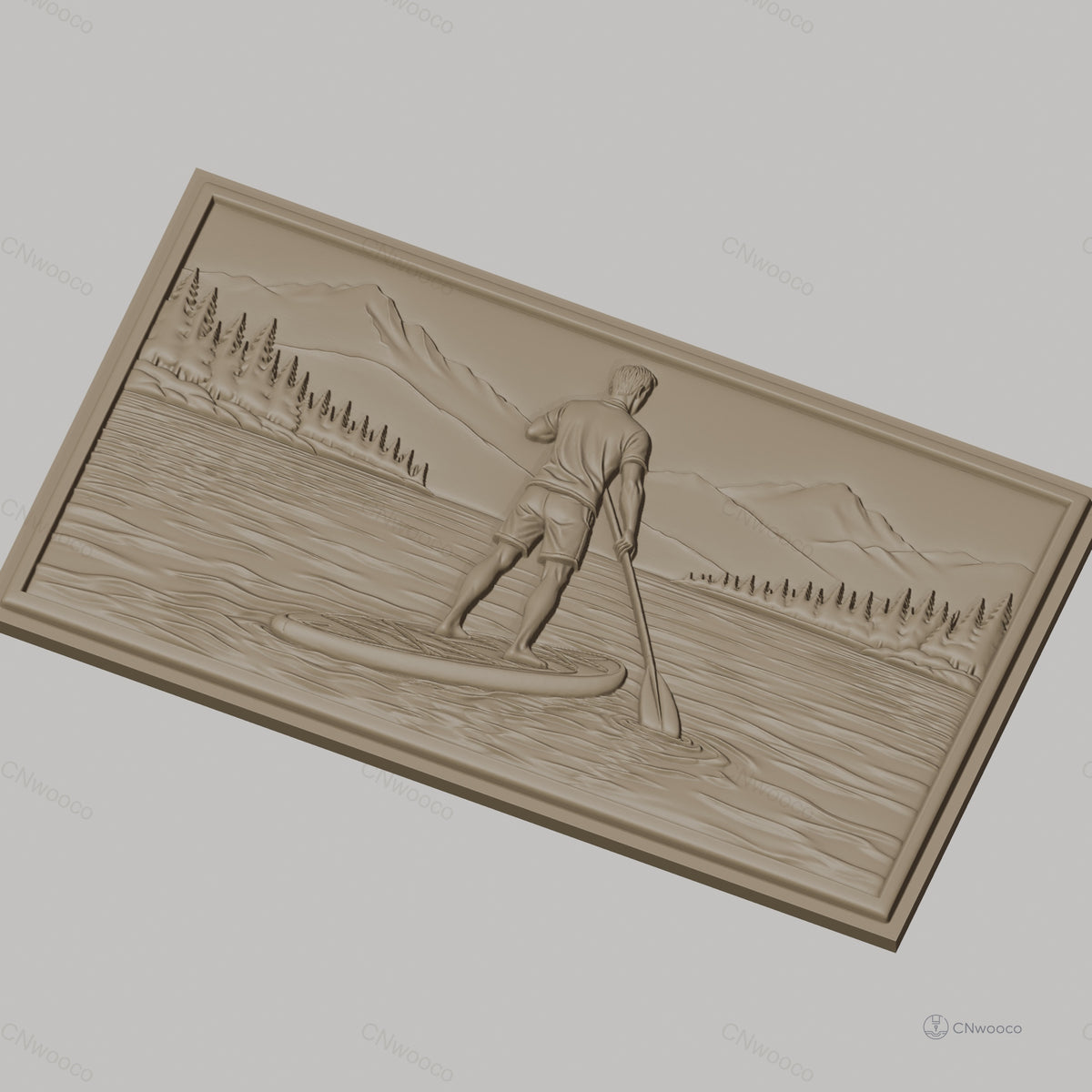 Fichier CNC & impression 3D paddle boarder sur lac avec montagnes et forêt, haute qualité relief STL