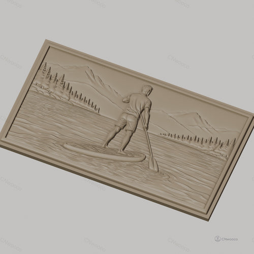 Fichier CNC & impression 3D paddle boarder sur lac avec montagnes et forêt, haute qualité relief STL