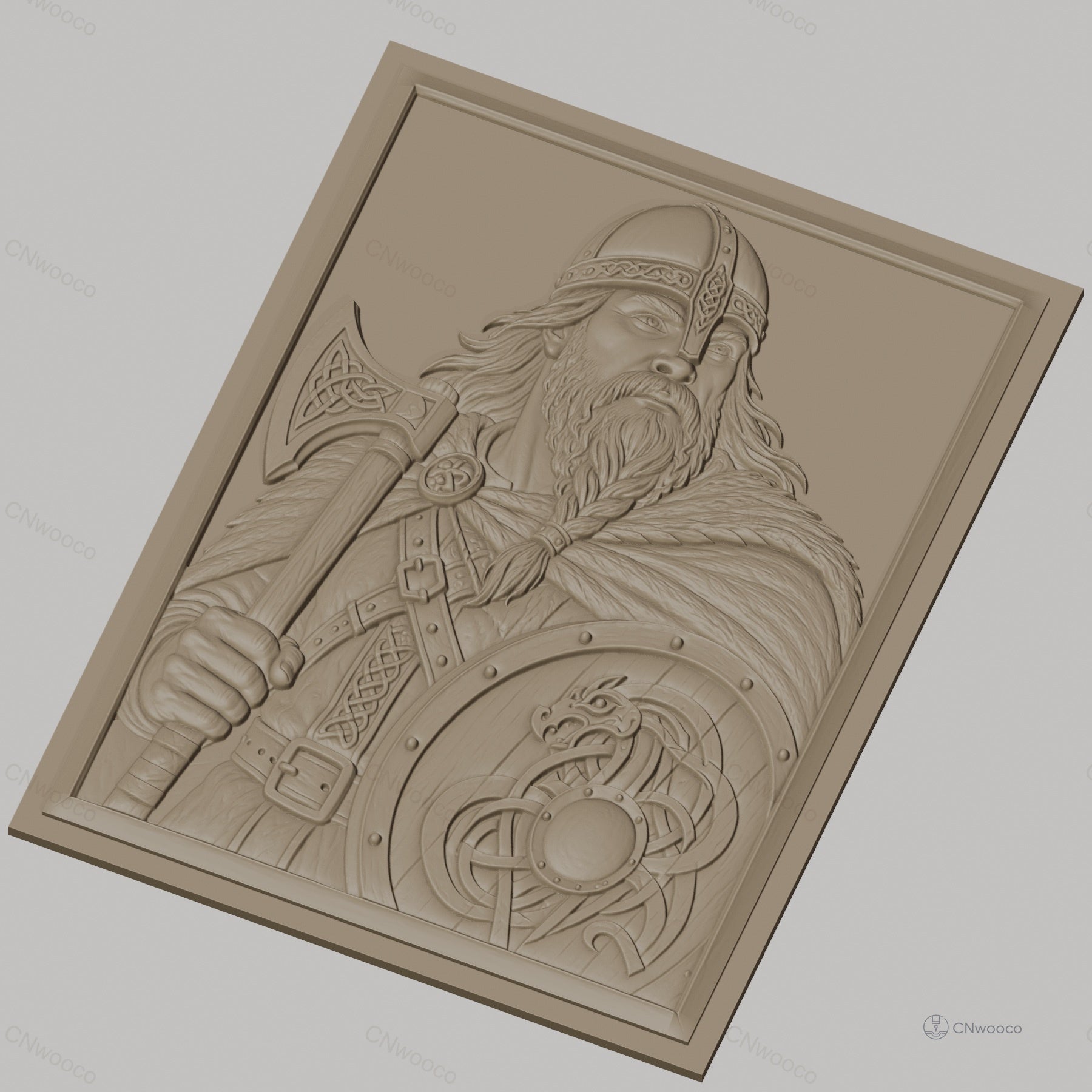 Fichier CNC & impression 3D guerrier viking, hache et bouclier avec motif dragon, haute qualité relief STL