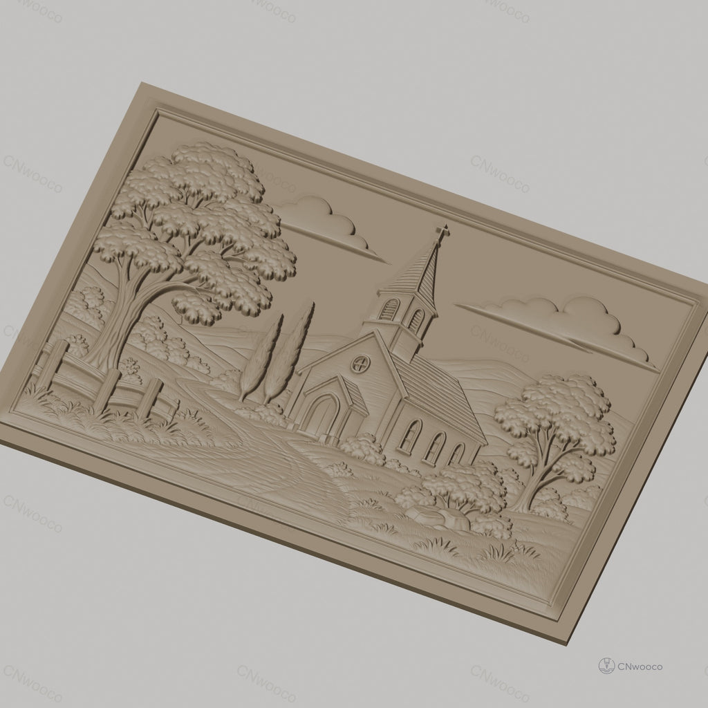 Fichier CNC & impression 3D paysage religieux avec église et arbres, haute qualité relief STL