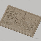 Fichier CNC & impression 3D paysage religieux avec église et arbres, haute qualité relief STL