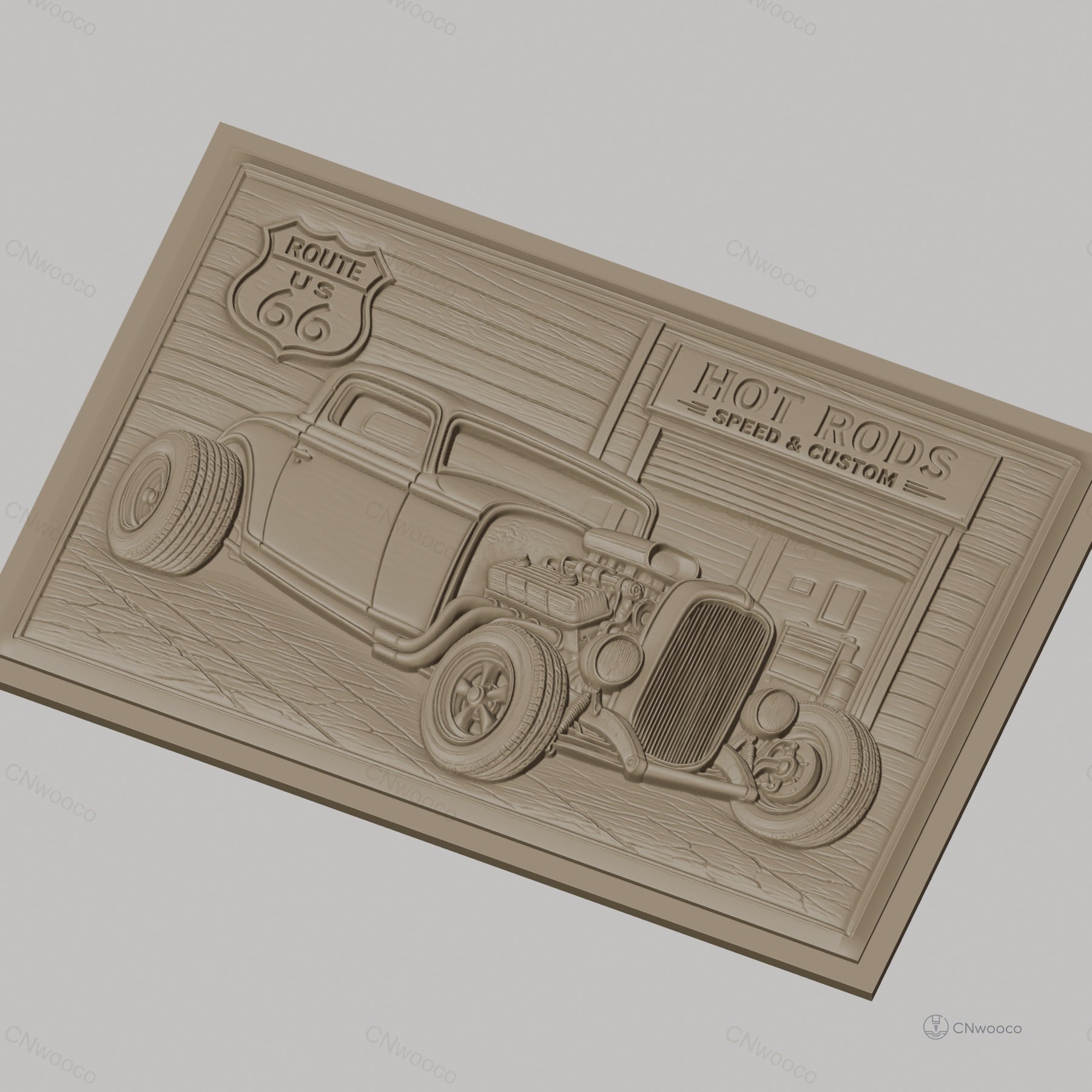 Fichier CNC & impression 3D voiture hot rod vintage, garage custom et panneau route 66, haute qualité relief STL