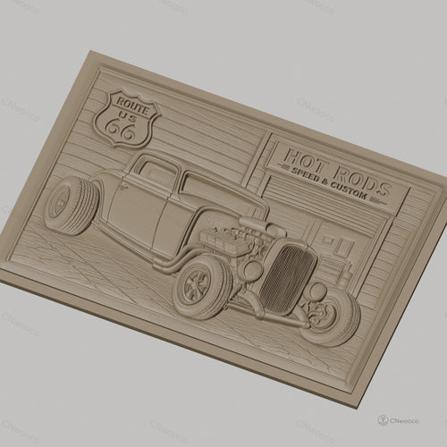 Fichier CNC & impression 3D voiture hot rod vintage, garage custom et panneau route 66, haute qualité relief STL